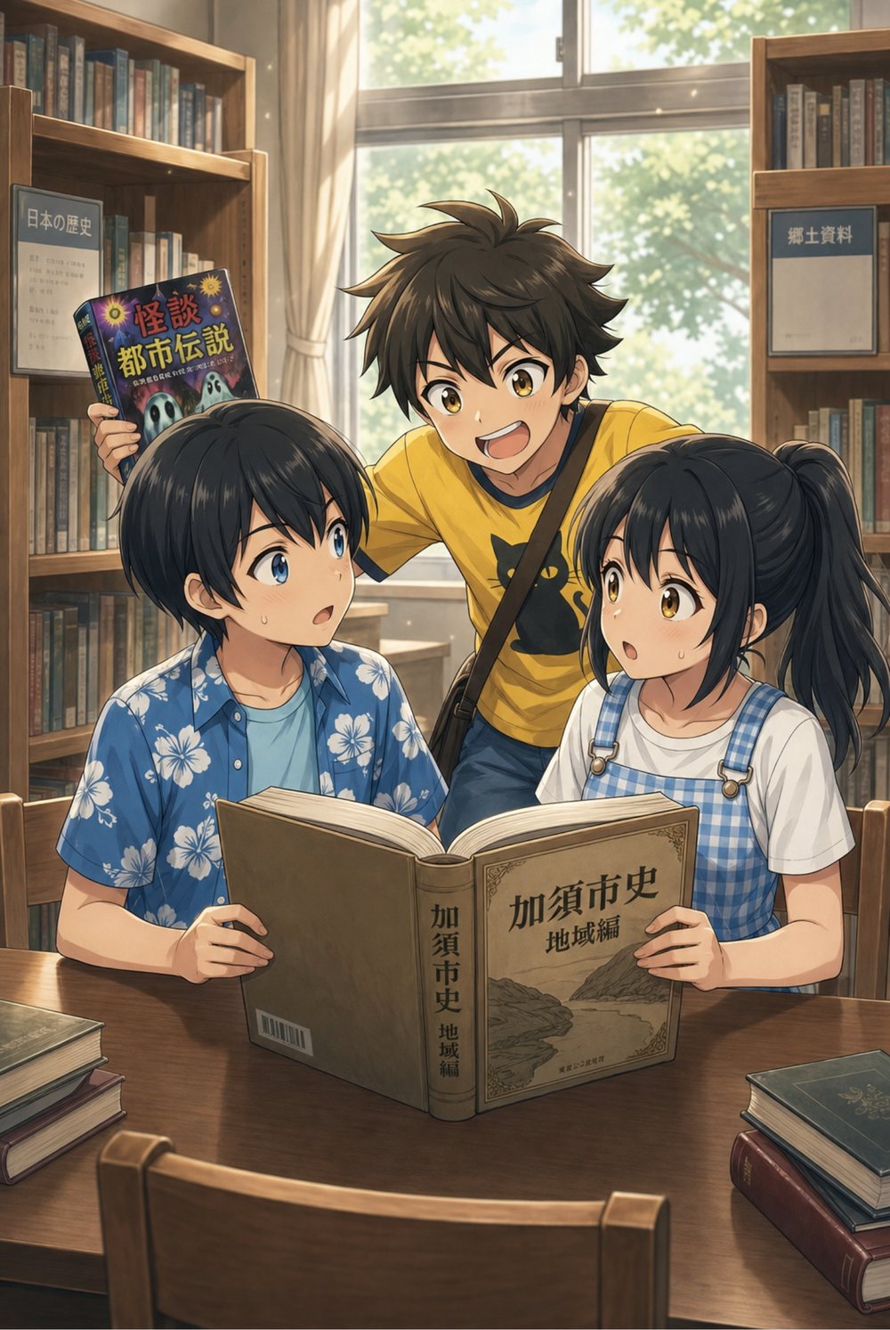 図書館で郷土資料を開く三人